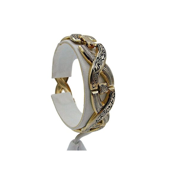 Gold Black X-Link Chain Bracelet Scroll Ornate Design Snap Clasp Size 8" Fashion - Picture 3 of 12